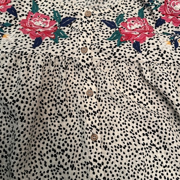 Oddy Women’s Black Spotted Button Down Oversized Blouse Floral Embroidery Medium - Picture 4 of 8